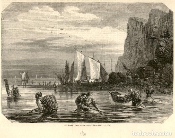 Art: 1860 - Pescadores con redes y velero Arte de pesca - Grabado aleman de Deutsche Illusfrirte Beitung