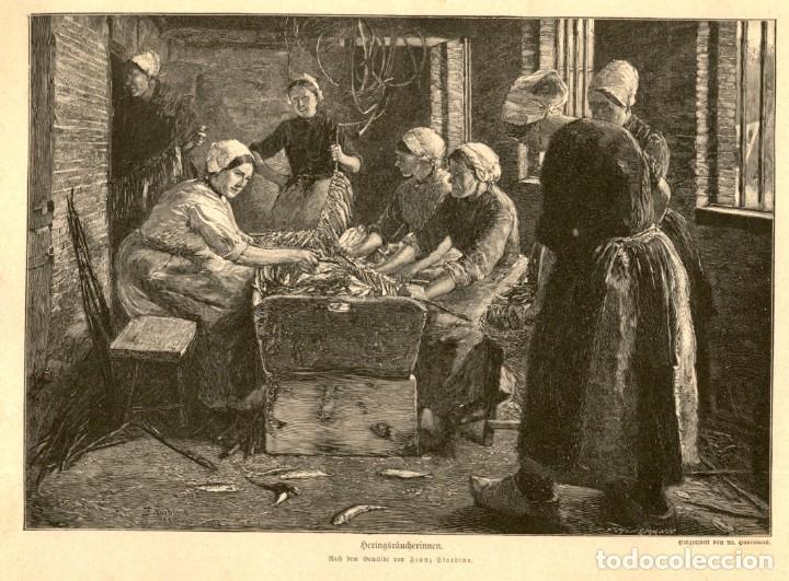 Arte: 1876 - Limpieza de pescado y espetos - Grabado aleman de Illustrierte Chronik der zeit