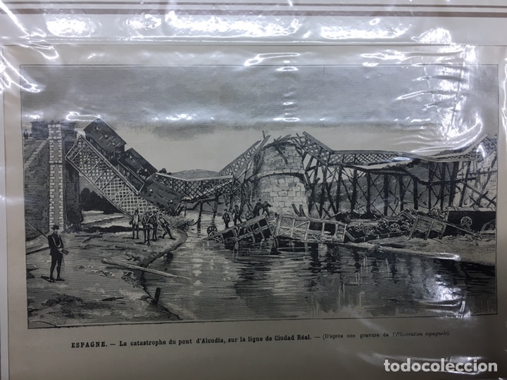 Arte: 1884-GRABADO ORIGINAL.ACCIDENTE DE TREN EN CIUDAD REAL.PUENTE DE ALCUDIA.