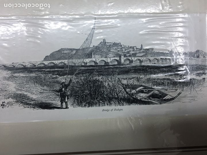 Arte: 1880-GRABADO ORIGINAL.LITOGRAF&Iacute;A. PUENTE Y VISTA DE BADAJOZ.