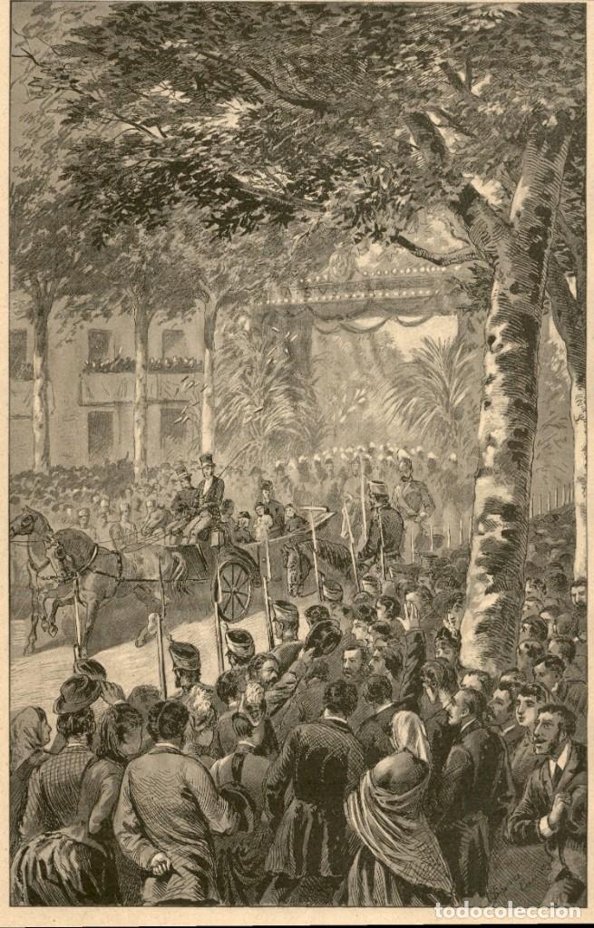 Arte: 1888 - Paseo de la comitiva Regia por Arco de Triunfo del Paseo Canaletas - La Ilustraci&oacute;n Ib&eacute;rica