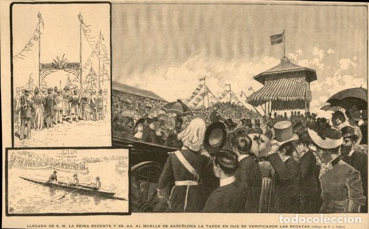 Arte: 1888 - Llegada S.M. La reina Regente Muelle de Barcelona - Regatas - La Ilustraci&oacute;n Ib&eacute;rica