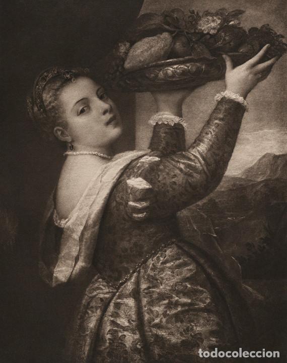 Art: FOTOGRABADO GRAN FOLIO, MUCHACHA LLEVANDO UN PLATO CON FRUTAS, TIZIANO, ORIGINAL, BELLE &Eacute;POQUE, 1903
