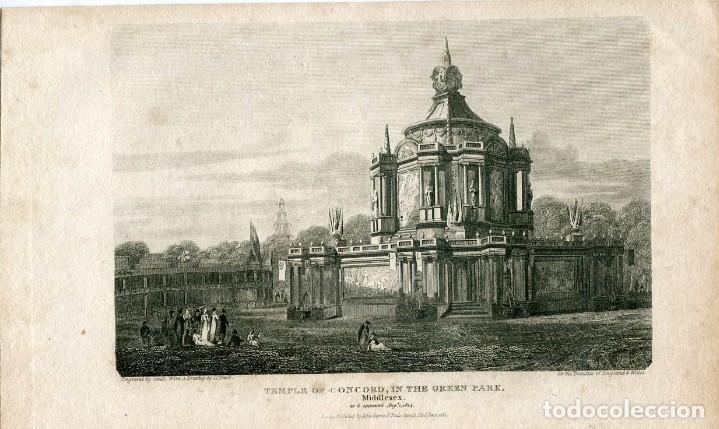 Arte: Templo de la Concordia, Green Park, Londres - Grabado original - 1814