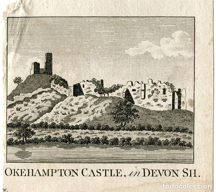 Arte: Castillo de Okehampton, Devon - Grabado original ingl&eacute;s - s. XVIII - Foto 1