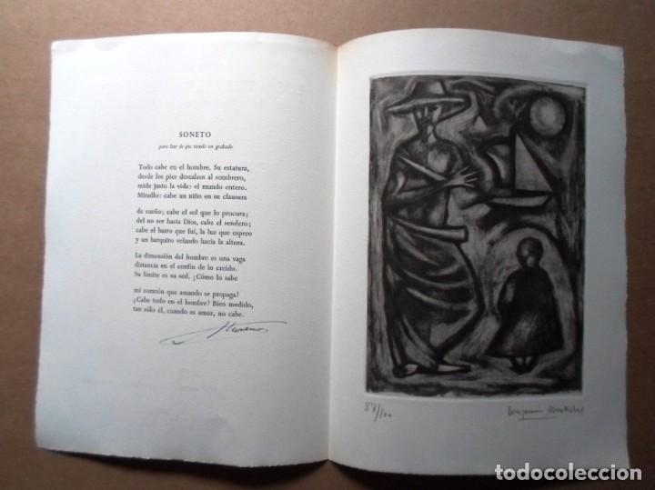 Art: Benjam&iacute;n MUSTIELES (Alicante 1920-96) Hombre grab 1955 papel 50x34 y poema Alfonso Moreno (Segovia