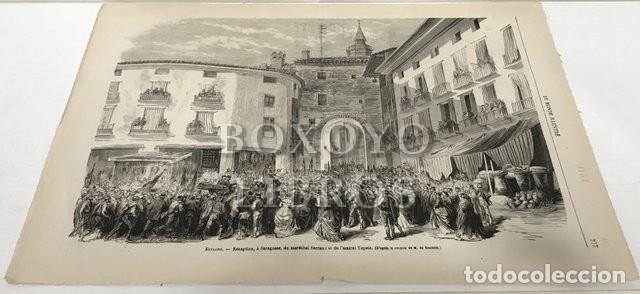 Arte: Le Monde Illustr&eacute;. Espagne- R&eacute;ception, &agrave; Saragosse, du mar&eacute;chal Serrano et de l'almiral Topete (D'ap
