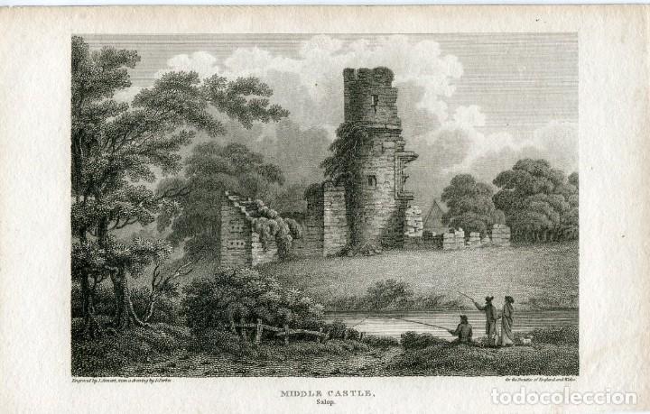 Art: Castillo de Middle, Shropshire - Grabado original de J. Stewart - 1811