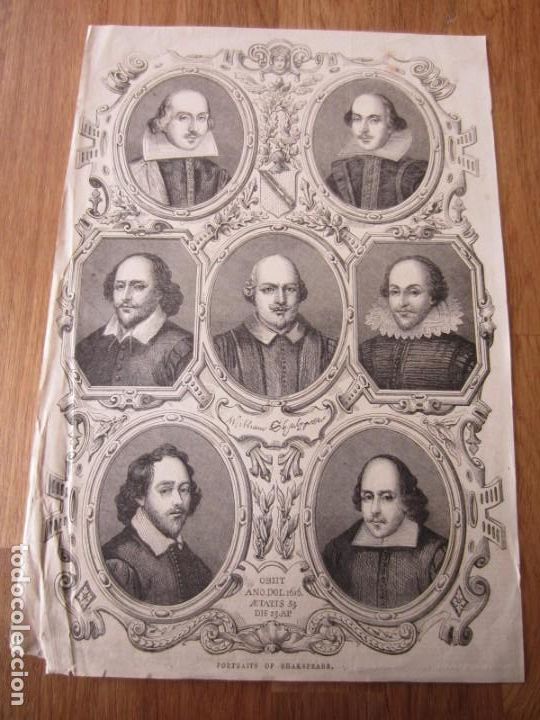 Arte: 1860c- 7 GRABADOS ORIGINALES EN UNA HOJA DE WILLIAM SHAKESPEARE.REPRODUCCI&Oacute;N CARTA MANUSCRITA