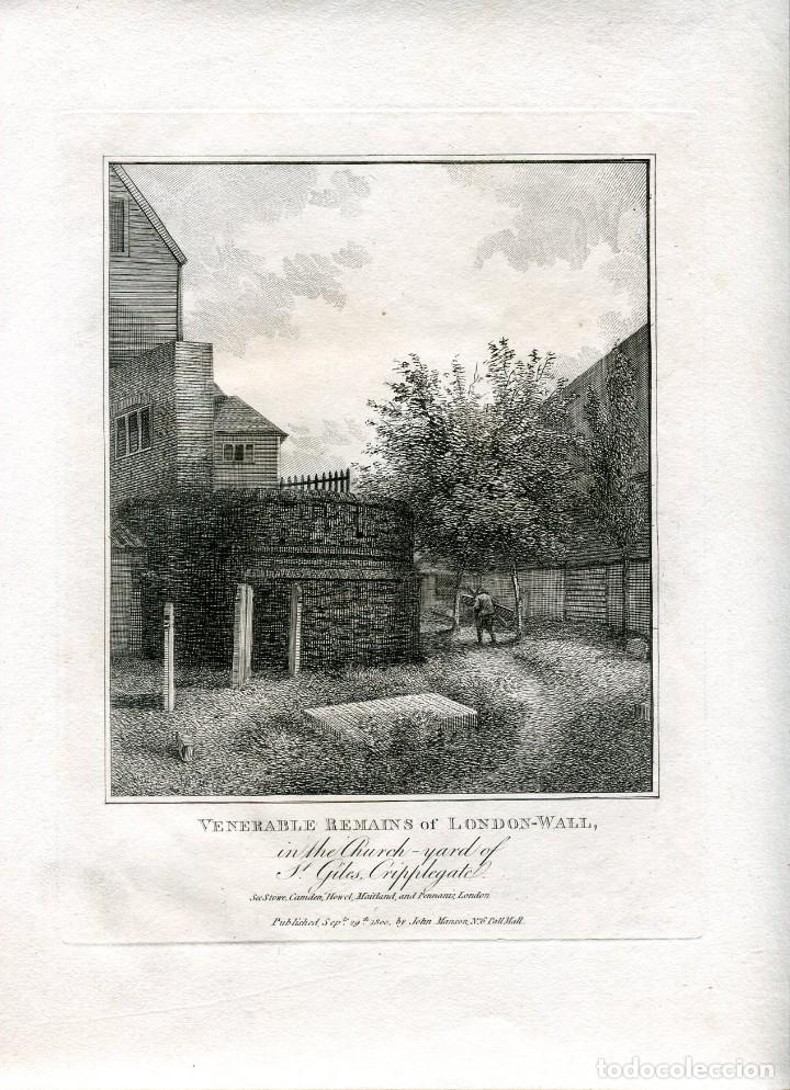 Arte: Muralla de Londres en St Giles Cripplegate - Grabado original - Manson 1800