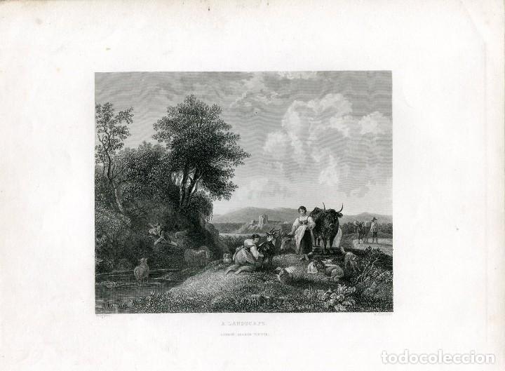 Kunst: Paisaje con pastores y ganado - Grabado original de W. Chevalier seg&uacute;n Berchem