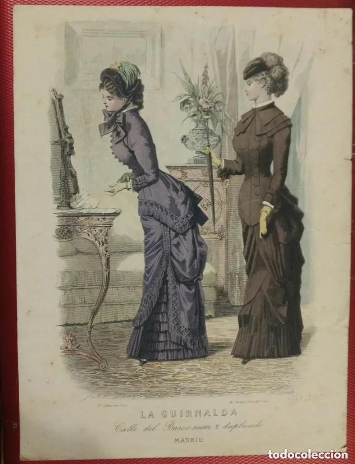 Arte: Grabado figurin moda La Guirnalda Calle del Barco Madrid.