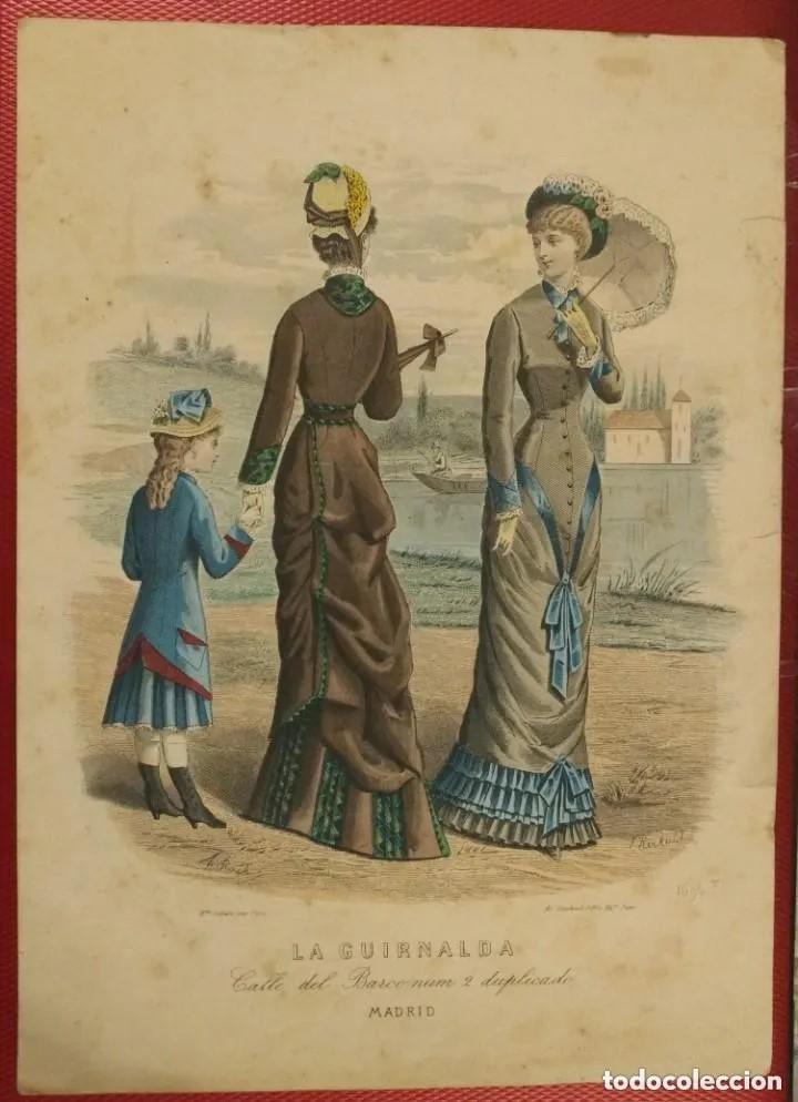 Arte: Grabado figurin moda La Guirnalda Calle del Barco Madrid.