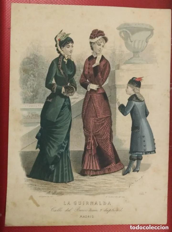 Arte: Grabado figurin moda La Guirnalda Calle del Barco Madrid.