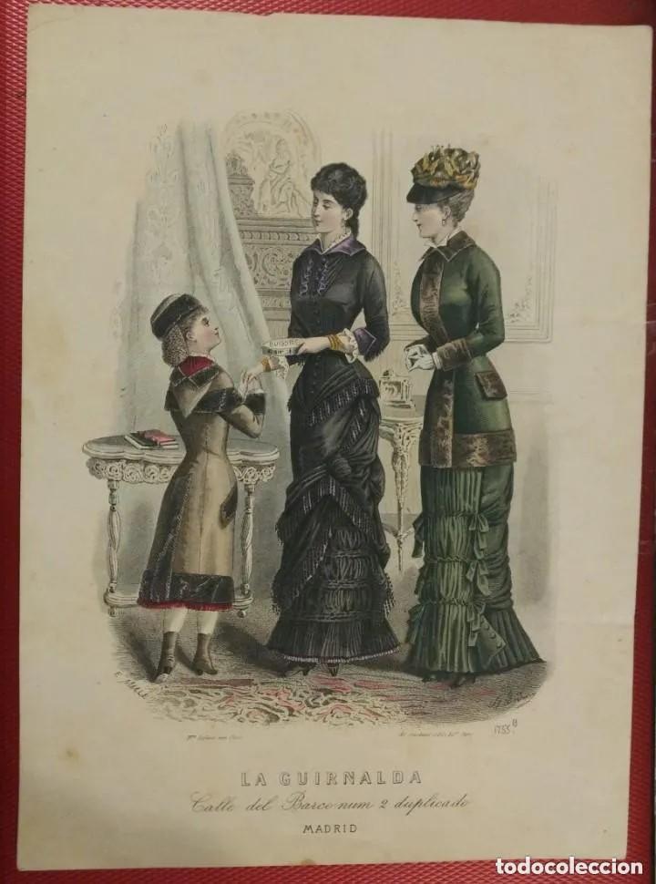 Arte: Grabado figurin moda La Guirnalda Calle del Barco Madrid.