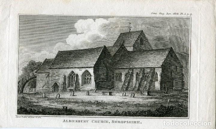 Kunst: Iglesia de Alberbury, Shropshire - Grabado original de R. Roffe - 1812