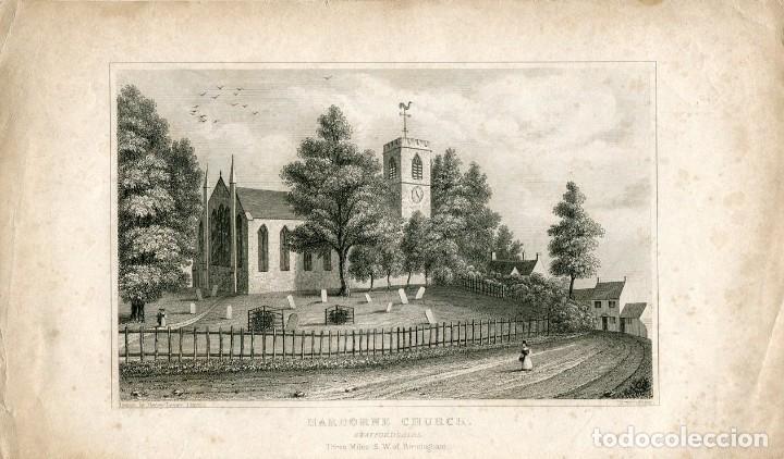Art: Iglesia de Harborne, Birmingham - Grabado original antiguo - 1845
