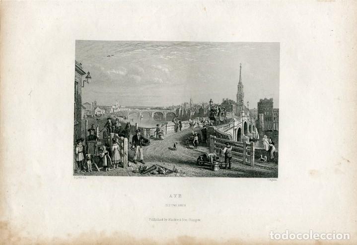 Arte: Ayr, The Twa Brigs, Escocia - Grabado original de T. Higham - 1840