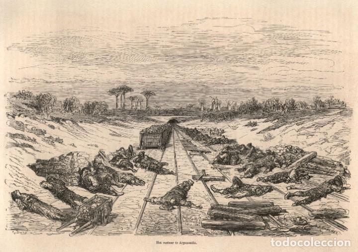 Art: 1872 - Original Construccion ferrocarril en Argamasilla Ciudad Real Grabado aleman plancha de acero