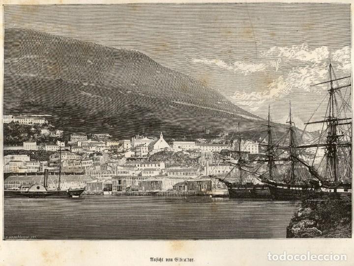 Arte: 1878 - Original - Gibraltar Puerto - Grabado aleman sobre plancha de acero
