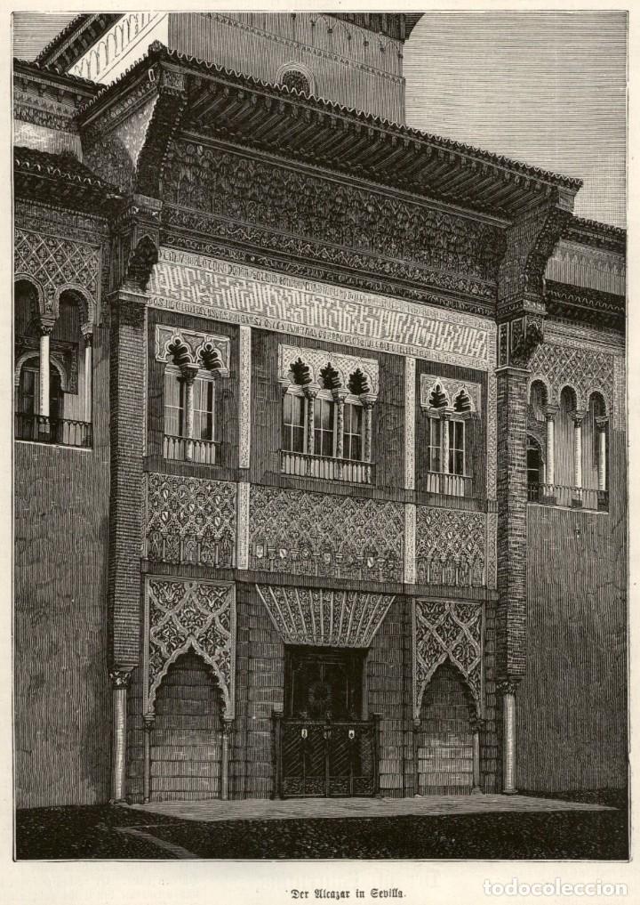 Art: 1893 - Original - El Alcazar de Sevilla - Grabado aleman sobre plancha de acero