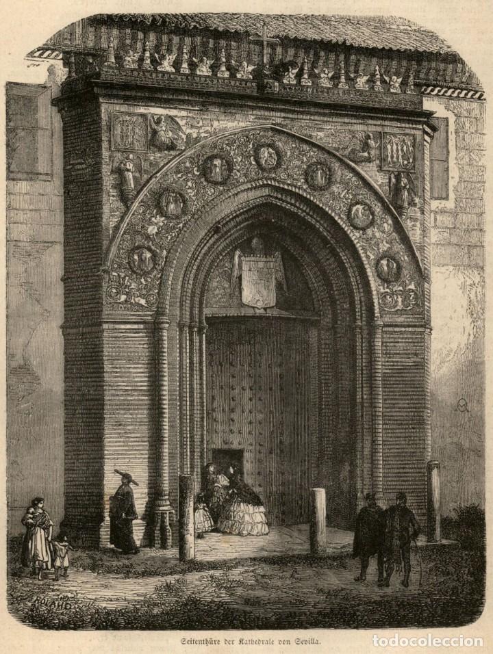 Kunst: 1878 - Original - Portada convento Santa Paula Sevilla - Grabado aleman Die Kathedrale von Sevilla -