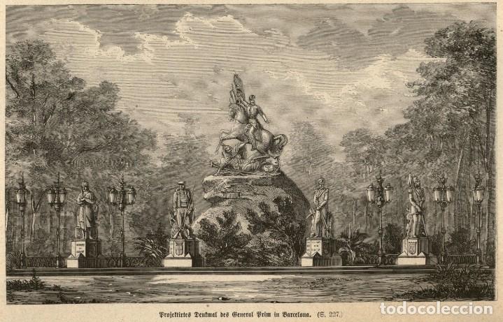 Art: 1873 - Original - Estatua del Gneral Prim en Barcelona - Grabado aleman sobre plancha de acero