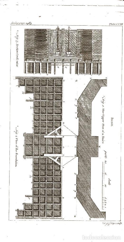 Arte: Grabado original 1763. Sluice. Esclusa - Foto 1
