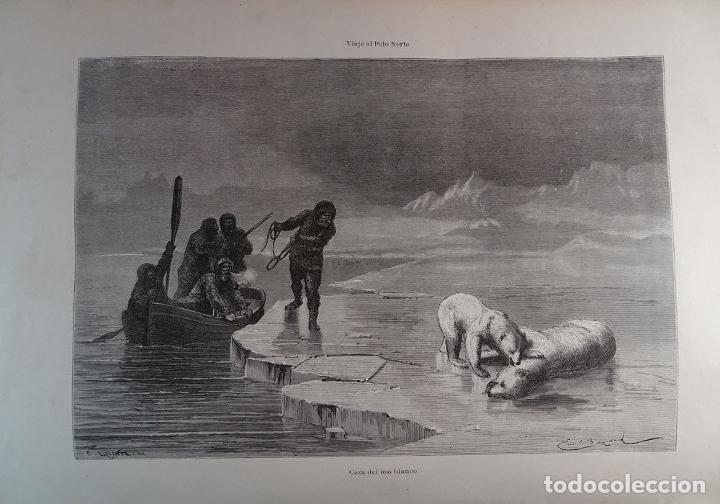 Kunst: ANTIQUE ENGRAVED NORTH POLE 1876 WHITE BEAR HUNT 19th CENTURY PRINT 047CC
