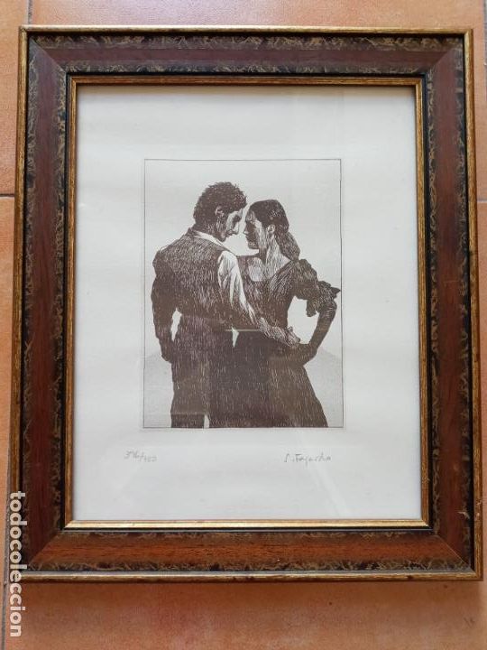 Kunst: Grabado de pareja de bailaores flamenco- firmado S. Fajardo