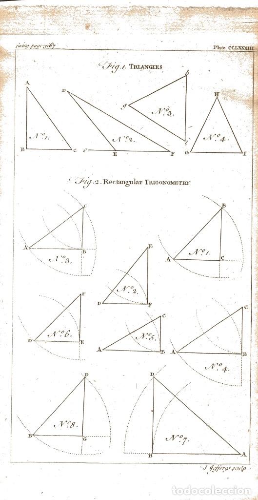 Arte: Grabado ingl&eacute;s original 1763. Triangles Trigonometry Trigonometr&iacute;a - Foto 1