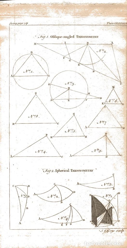 Arte: Grabado ingl&eacute;s original 1763. Trigonometry Trigonometr&iacute;a - Foto 1
