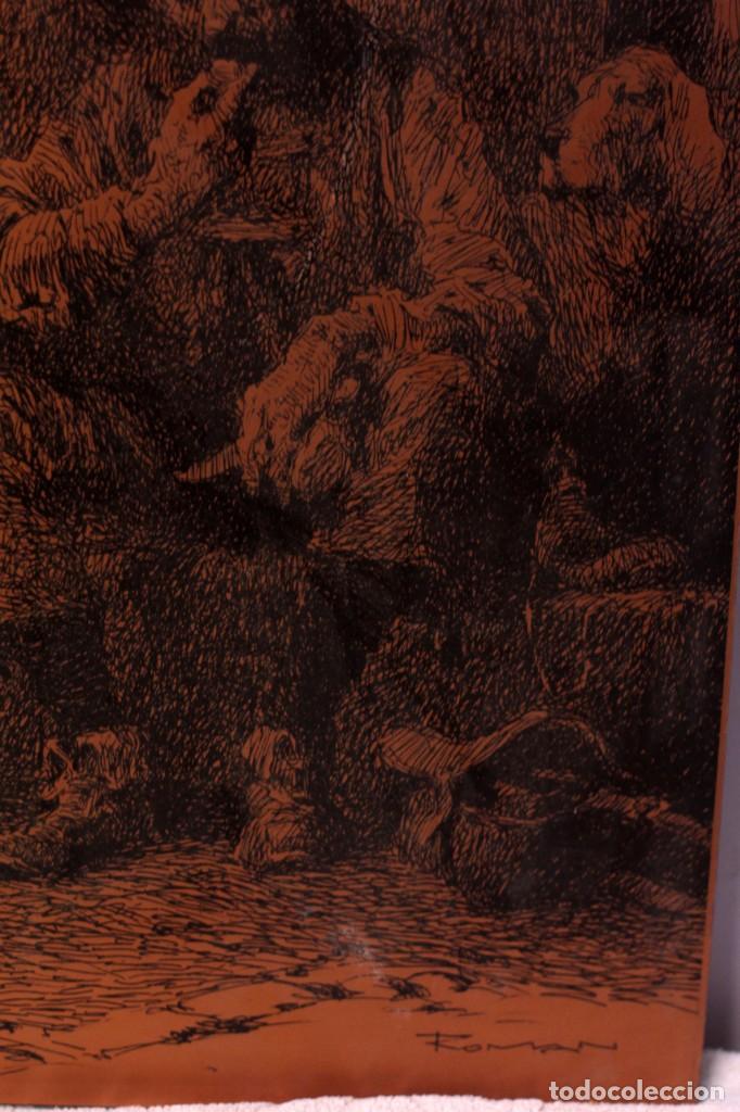 Arte: grabado tinta relieve sobre lámina color cobre firmado Roman 50x30cm - Foto 5 - 219085582
