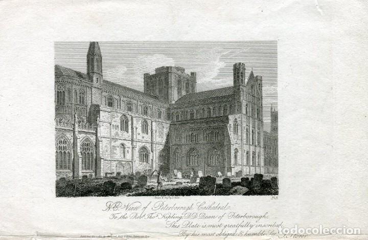 Arte: Catedral de Peterborough - Grabado original de J. Storer - 1812