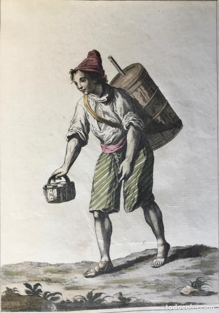 Arte: VENDEDOR DE AGUA DE CEBADA. GRABADO ORIGINAL, COLOREADO. - Foto 1