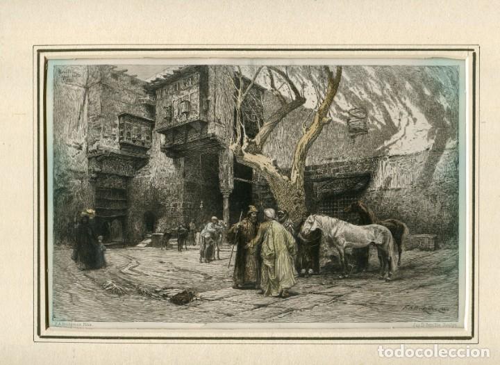 Arte: El Cairo, mercado de caballos - Aguafuerte original de J. D. Smillie - 1886