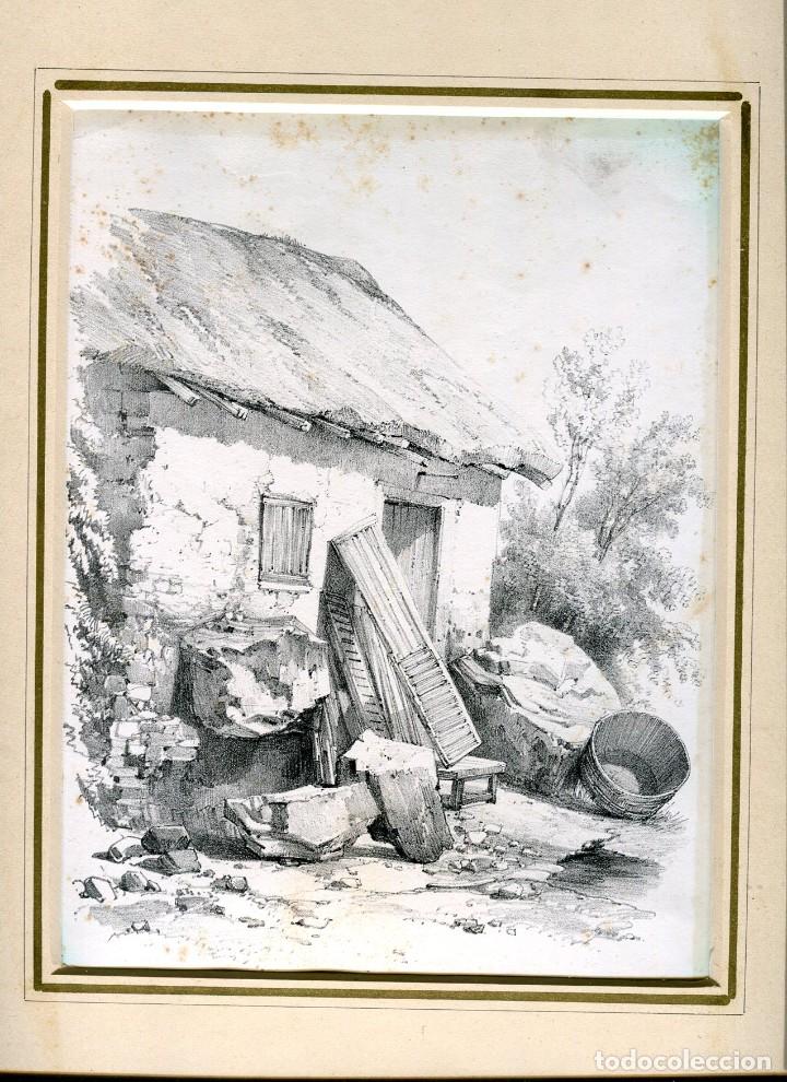 Art: Casa r&uacute;stica en ruinas - Litograf&iacute;a original de Jean-Louis Jacottet - s. XIX