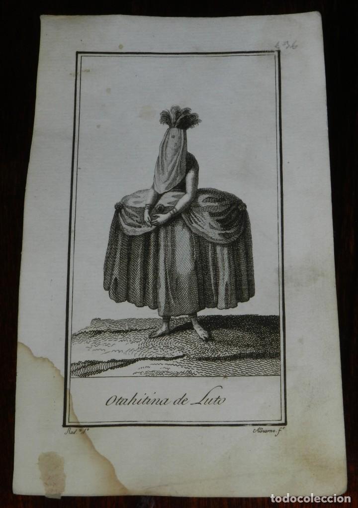 Kunst: ANTIGUO GRABADO ETNOGRAFICO DE OTAHITINA DE LUTO, GRABADO POR MANUEL ALBUERNE. DIBUJADO POR RODRIGUE