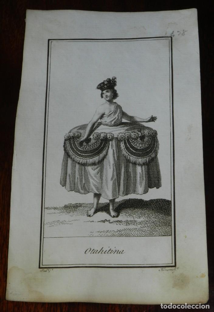 Kunst: ANTIGUO GRABADO ETNOGRAFICO DE OTAHITINA DE LUTO, GRABADO POR MANUEL ALBUERNE. DIBUJADO POR RODRIGUE