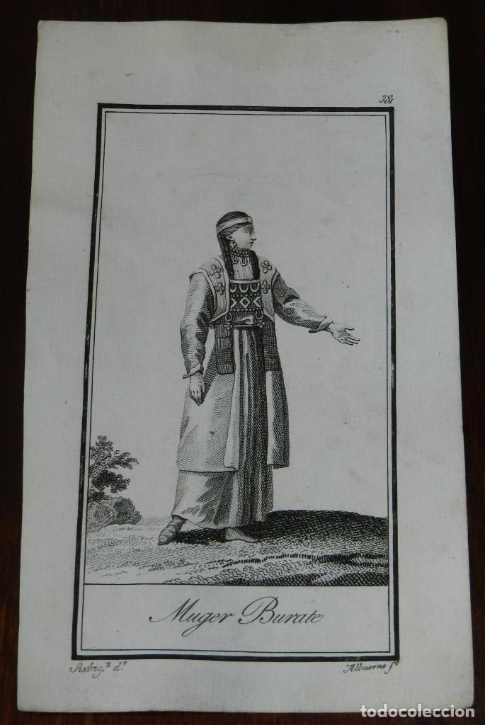 Arte: ANTIGUO GRABADO ETNOGRAFICO DE MUJER BURATE. GRABADO POR MANUEL ALBUERNE. DIBUJADO POR RODRIGUEZ, MI