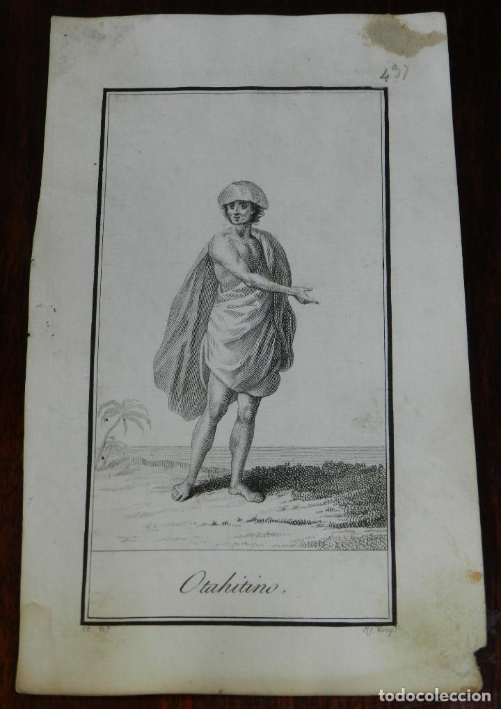 Kunst: ANTIGUO GRABADO ETNOGRAFICO DE OTAHITINO. GRABADO POR VAZQUEZ. DIBUJADO POR RODRIGUEZ, MIDE 17 X 10,