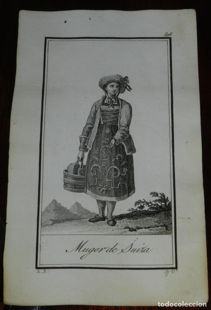 Arte: ANTIGUO GRABADO ETNOGRAFICO DE MUJER DE SUIZA. GRABADO POR VAZQUEZ. DIBUJADO POR RODRIGUEZ, MIDE 17