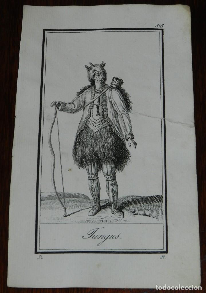 Kunst: ANTIGUO GRABADO ETNOGRAFICO DE TUNGUS. GRABADO POR R. DIBUJADO POR R., MIDE 17 X 10,5 CMS.