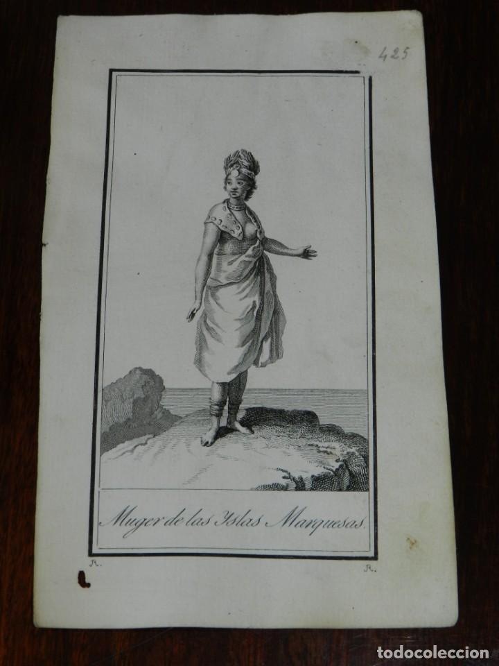 Kunst: ANTIGUO GRABADO ETNOGRAFICO DE MUJER DE LAS ISLAS MARQUESAS. GRABADO POR R, DIBUJADO POR R., MIDE 17