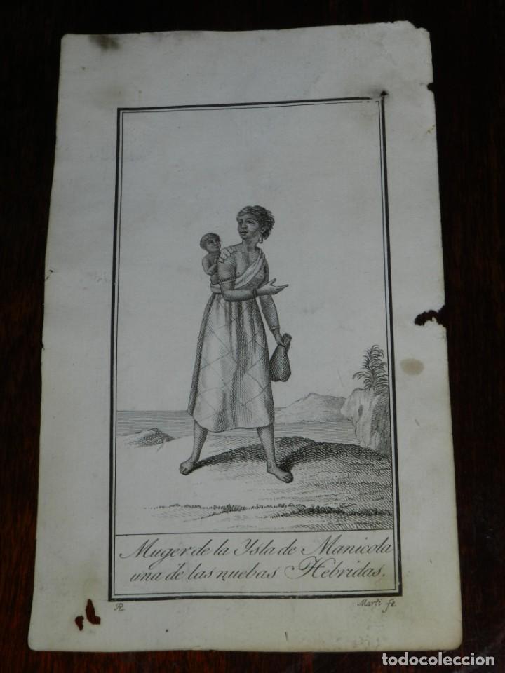 Arte: ANTIGUO GRABADO ETNOGRAFICO DE MUJER DE LA ISLA DE MANICOLA, GRABADO POR R. DIBUJADO POR R., MIDE 17