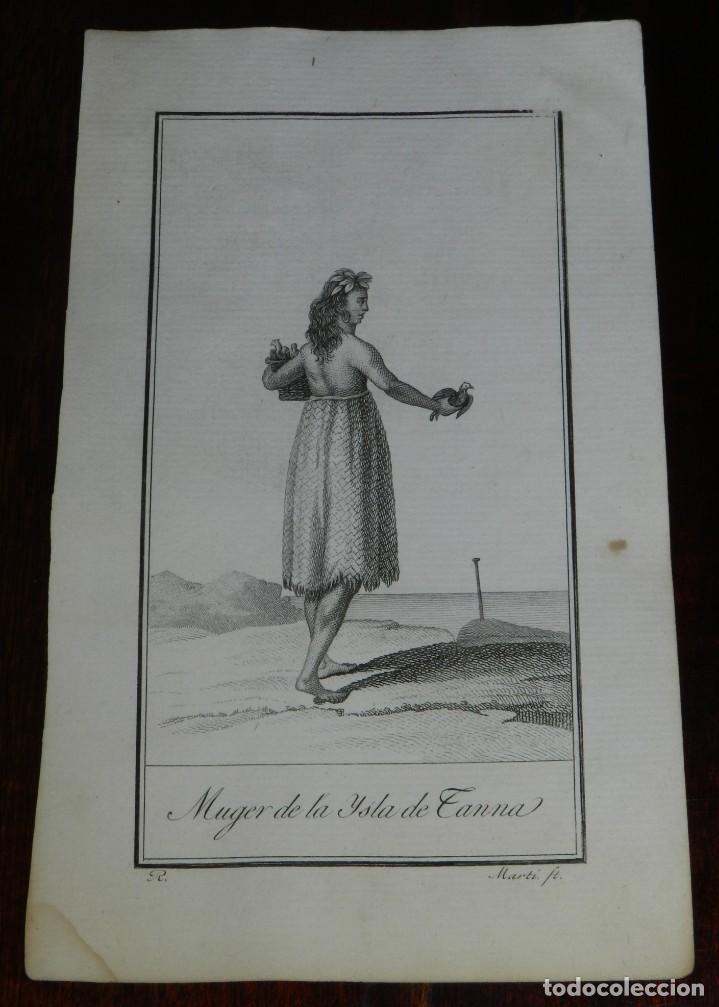 Art: ANTIGUO GRABADO ETNOGRAFICO DE MUJER DE LA ISLA DE TANNA, GRABADO POR MARTI. DIBUJADO POR R., MIDE 1