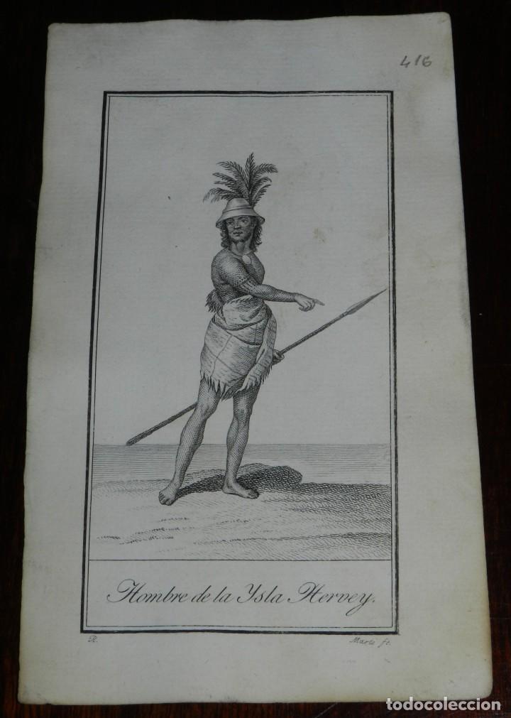 Kunst: ANTIGUO GRABADO ETNOGRAFICO DE HOMBRE DE LA ISLA HERVEY, GRABADO POR MARTI. DIBUJADO POR R., MIDE 17
