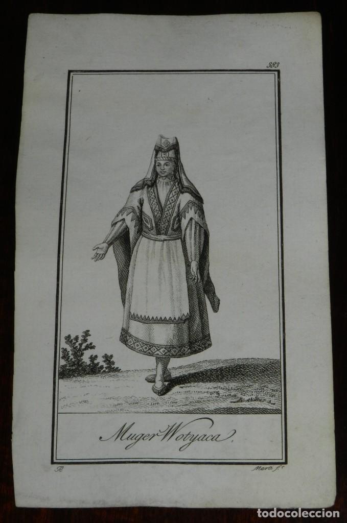 Art: ANTIGUO GRABADO ETNOGRAFICO DE MUJER WOTYACA, GRABADO POR MARTI. DIBUJADO POR R., MIDE 17 X 10,5 CMS