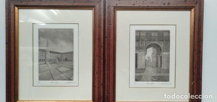 Art: Pareja de grabados prueba de artista de la Plaza Mayor de Madrid. Firmados
