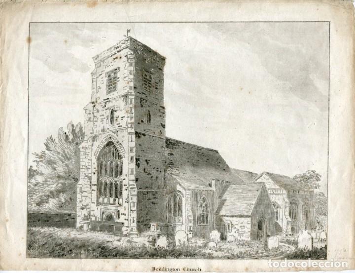 Arte: Iglesia de Beddington, Surrey - Grabado original antiguo - Londres 1792